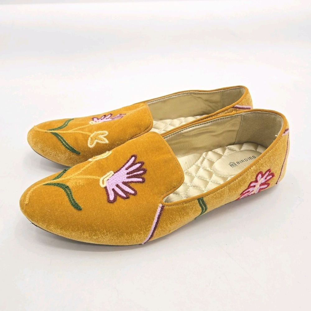 Birdies The Starling Shoes Size 10 Ocher Yellow Embroidered Velvet Flowers Flats - Picture 2 of 12